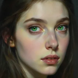 high quality extremely detailed closeup portrait of a young gorgeous female warlock looking away from the camera, realistic green eyes, sparkle in eyes, no hands visible, fantasy, d & d, intricate, painting by lucian freud and mark brooks, hd