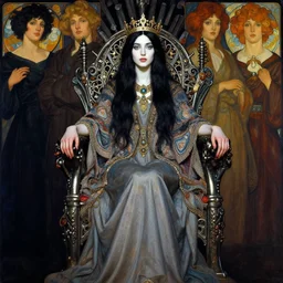 pulp art, gorgeous of a beautiful black haired woman with pale skin and a crown on her head sitted on an intricate metal throne, wooden jewerly, elegant, boho poncho and long maxi dress, winter, dark mood, vibrant, smooth, by ilya kuvshinov, craig mullins, edgar maxence, alphonse mucha, artgerm, sakimichan,