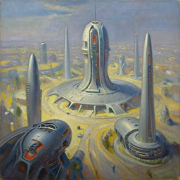 oil painting of a futuristic civilisation by syd mead