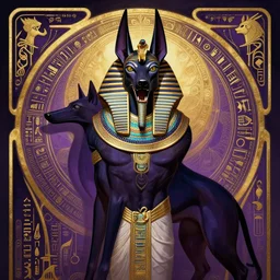 sinister god anubis, growling jackal with egyptian headdress and nemes, art nouveau hieroglyphics, violet and gold palette, symmetry, fantasy, intricate, elegant, highly detailed, colorful, dark colors, dramatic shadow, digital painting, artstation, concept art, art by artgerm and greg rutkowski and ruan jia and simon cowell