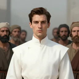 portrait of a regal prince with sharp cheekbones, white clothes, high collar, surrounded by a crowd of peasants, modern digital art, matte painting