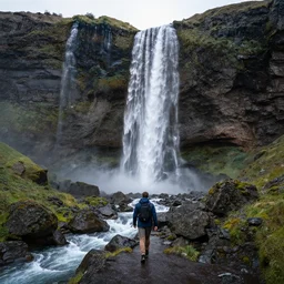 Walking into a very tall majestic Norwegian waterfall, creek, rocks