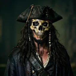 70 mm photo of a dirty rugged old pirate lord wearing dirty old black hat, black coat and a worn and stained skull bone mask, long black beard and long black hair, dark scene with dim light, movie scene, depth of field