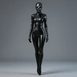 hooded flat slim thin petite female plague doctor, in extra tight shiny black latex suit, long sleeves, turtleneck, trending on artstation, dark souls, latex plague crow mask, ballet boots, establishing shot, fullbody shot
