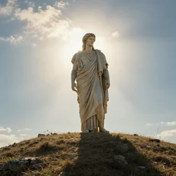 a lonely god standing tall on a hill, photorealism, sunshaft, greek mythology