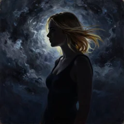 silhouette of Elle Fanning in space, stormy weather, extremely detailed masterpiece, oil on canvas, low-key neon lighting, artstation, Blade Runner 2049, Roger Deakin’s cinematography, by J. C. Leyendecker and Peter Paul Rubens