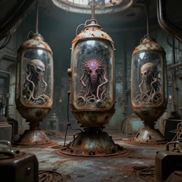 abandoned old and rusted desolate sci fi lab, xenomorphic organic life in pods, Wadim Kashin, Simon Stalenhag , H.R Giger, dystopian, featured in artstation, octane render, cinematic, elegant, intricate, 8k