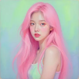 full body realistic, super detailed by pauline haynes a beautiful woman with long pink hair, adorable korean face, painting by milton avery and peter balke, vibrant neon pastel