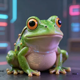 3 5 mm photo of a cute frog portrait, with doble exposure of a futuristic cyberpunk city, neon, ultra realistic, detailed, bokeh, 4 k.