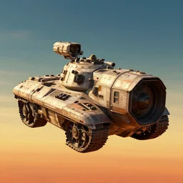 a gigantic hard surface military hardware digital movie camera shaped spaceship m1 tank floating in the sky, ilm, beeple, star citizen halo, mass effect, transformers, elysium, warm saturated colours