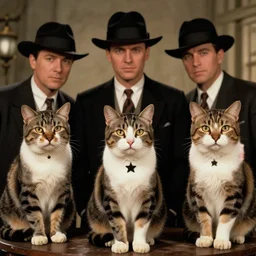 1930's gangster movie starring cats as the gangsters, movie screenshot, 4k, film noir style, photorealistic cats,