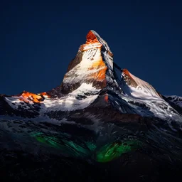 a photo at nighttime of llumination of the matterhorn in the colors of indian flag, orange, white, green base. projected illuminated on the matterhorn mountain at night