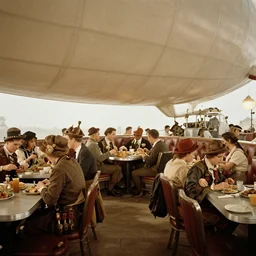 Diners eating in a diner in a zeppelin, wide shot photograph, 1920, steampunk