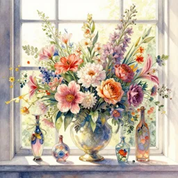 a beautiful insanely intricate watercolor illustration of modern flower still life in the windows, colorfull, by william turner art, by greg rutkowski, by james jean, by rossdraws, by frank franzzeta, by sakimichan, by edmund dulac, trending on artstation, insanely detailed, masterpiece,