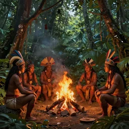 a beautiful matte painting of an indigenous tribe around a fire in the jungle, fantasy art, octane render, epic lighting, beautiful composition, matte painting, highly detailed