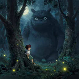 a small boy leaning on a tree encounters a giant furry one - eyed monster in a misty moonlit forest, painting by studio ghibli. surrounded by fireflies, cinematic lighting, trending on artstation