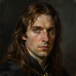 a highly detailed portrait painting headshot of a sorcerer with brown hair and piercing eyes in his early 3 0's, epic character art, volumetric lighting, ambient light, artstation, deviantart, art by tim hildebrandt, gerald brom, frank frazetta