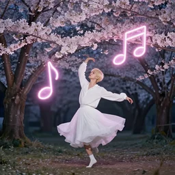harmony of sakura flowers, mute, neon light language, neon music notes ( portrait bts young man blonde jimin wearing a white dress dance ) by wlop, james jean, victo ngai, beautifully lit, muted colors, highly detailed, fantasy art by craig mullins, thomas kinkade