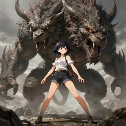 anime girl taming a giant rampaging beast, concept art, digital painting, trending on artstation, deviantart, highly detailed, perfect composition, dramatic lighting, sharp focus, 8 k uhd