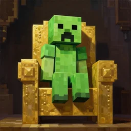 painting of creeper from minecraft sitting atop golden throne in dark throne room, low lighting, cinematic, by greg rutkowski, very detailed, high quality, award winning