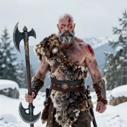 vfx movie strong bald man in furs, natural grizzled skin, streaks of red face paint grey beard, holding two detailed viking axes, in snowy tahoe, god of war by emmanuel lubezki