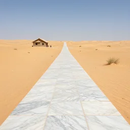 a marble road in the desert leads to a tiny house, detailed, realistic art, artstation