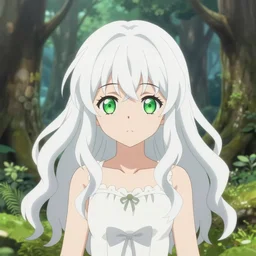 isekai enchanted forest cute bombshell anime witch with white floating hair, white dress. green palette symmetrical face. symmetrical detailed defined eyes. beautiful lineart. bokeh pixiv # 1 ranking depth of focus, chromatic aberration, noise, soft lighting, srgb, 4 k, by rembrant, kuvshinov, and ross tran