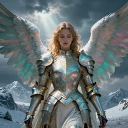one angel, big wings, low key light, full plate armor with cloth, extreme close up portrait, gentle, female, snowy mountain, storm clouds, god rays, landscape, d & d, fantasy, elegant, teal pink white gold color palette, concept art, artgerm and greg rutkowski and alphonse mucha
