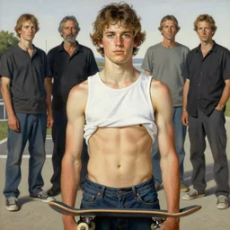 portrait of a handsome californian skateboarder missing shirt gustav dore raqib shaw ryan mcginley, art by denys tsiperko and bogdan rezunenko and franz xaver kosler gottfried helnwein, hyperrealism