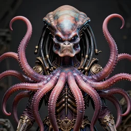 creppy medusa fused with lovecraft and predator wearing ornate silk, photo, portrait, intricate details, by vincent di fate, artgerm, julie bell, beeple and Greg Rutkowski, 80s, concept, Smooth gradients, octane render, 8k, High contrast, duo tone, depth of field, very coherent symmetrical artwork