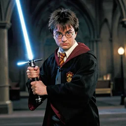 Harry Potter using a light saber