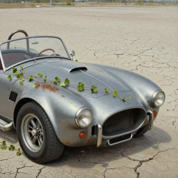 closeup of rusty shelby cobra, vine covered, desert, cracked dry lake bed, by Zdzislaw Beksinski, Norman Rockwell, al duke, highly detailed,soft lighting, film grain, medium format, 8k resolution, oil on canvas