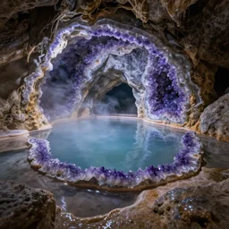 photo inside an amethyst cave with a hot spring, highly detailed, 8k,