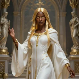 Full portrait of a young Cleric Lady, pearl white robes with golden details, alluring, detailed face, dark brown skin, supernatural golden eyes, golden straight hair, bracelets, floating, spellcasting, statues and an altar filling the background, SINGLE CHARACTER!, highly detailed, high fantasy, dnd, d&d, dungeons and dragons, smooth, sharp focus, no extra characters, digital illustration, by Krenz Cushart and Artem Demura and alphonse mucha, artstation, HD, 4K, midjourney