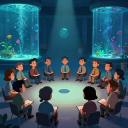 cartoon, a lot of people communicating with each other in groups of ten, a large hall, dim painterly lighting volumetric aquatics