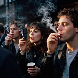 Street photography, a close up of several people leaving a seedy nightclub at 5am, they are smoking, someone is screaming, Kodachrome