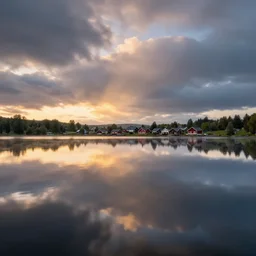 landscape photography by marc adamus, swedish lake, sunrise, dramatic lighting, village by the lake, clouds, beautiful reflections, unreal engine 8 k