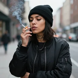 portrait of a mixed woman smoking a cigarette, face tattoos, black beanie, black bomber jacket, urban environment, depth of field