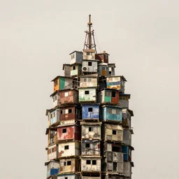 close - up view of a tower made up of makeshift squatter shacks, faded colours, neutral sky, hasselblad x 1 d, very detailed, ultra sharp, photographed by ansel adams