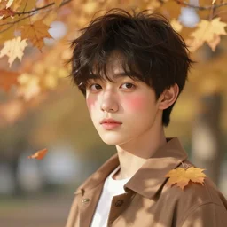 hal portrait of a extremely beautiful and cute and aesthetic boy staring at camera on an autumn day, blushes, leaves, clouds, specular reflection, occlusion shadow, sharp focus, highly intricate detailed face and body, bokeh, smooth, masterpiece, light novel cover art, epic illustration by ilya kuvshinov and jeremy lipking