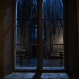 figure looking through a wide window, dark medieval hall, night, realistic, cold colors