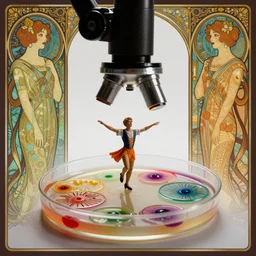 a miniature Michael Flatley viewed through a microscope at 1000x dancing on some agar jelly in a petri dish with colourful elaborate detailed cultures in the style of 1920s art nouveau fans at the sides