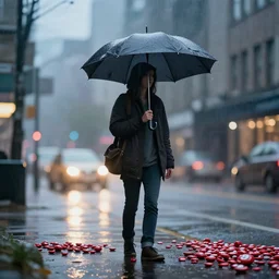 a person standing on a street corner holding an umbrella while it rains Skittles, hyper realism, detailed, 4K, cinematic light, low angle, bokeh, unreal engine