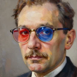 ( ( a beautiful 8 k photorealistic masterpiece oil painting ) ( of ( max weber glasses with one lens red and one lens blue ) ) ) ( hyperrealism ) ( 1 6 k ) ( trending on artstation )