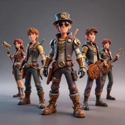 several 3d printed action figures of a steampunk rock band, Darek Zabrocki, Karlkka, Jayison Devadas, Phuoc Quan, trending on Artstation, 8K, ultra wide angle, pincushion lens effect