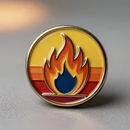 simple yet detailed, circle pictogram fire warning flame enamel pin retro design