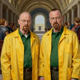 an ultra detailed beautiful oil painting of jesse pinkman and heisenberg from breaking bad, both with a yellow lab coat, the school of athens by raphael