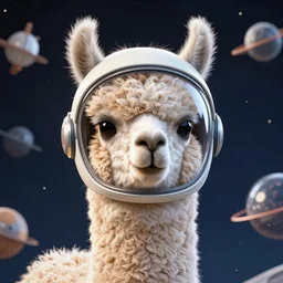 A llama in space wearing a helmet