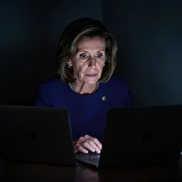 Nancy Pelosi hiding in the shadows in a dark corner trading stocks on a laptop, face lit up by screen, very high detail, cinematic, volumetric lighting, artstation, 8k, dark, hyperrealistic