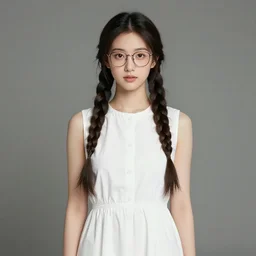 an award winning full body portrait of a attractive young woman with two thick braids, wearing glasses and a white dress, symmetric and beautiful face, very detailed, William-Adolphe, photo taken with Sony a7R